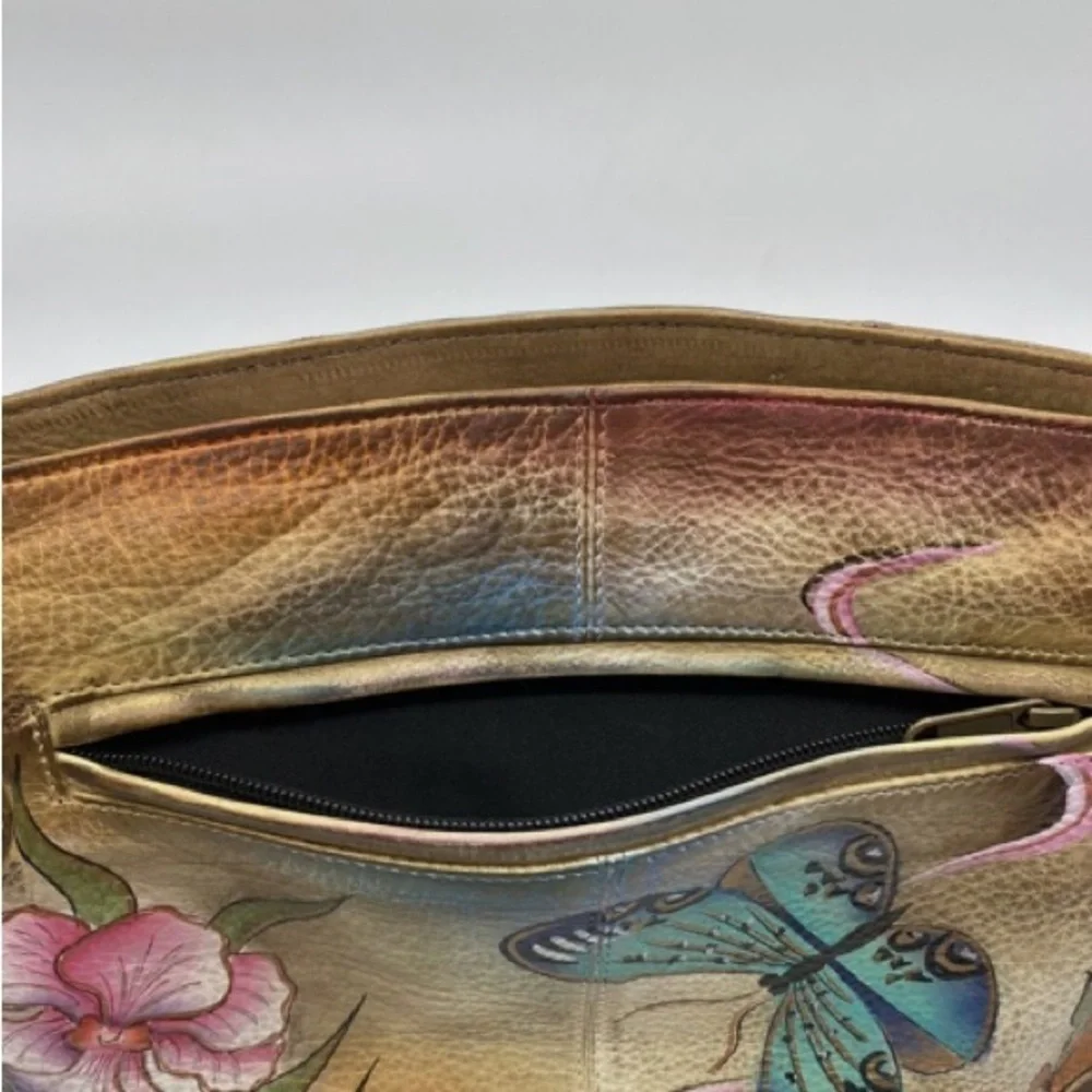 VTG Anuschka Hand Paint Flower Butterflies Leather Double Strap HandBag ￼Satchel